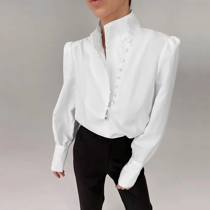 Single-breasted Round Neck Puff Sleeve Mandarin Collar Shirts