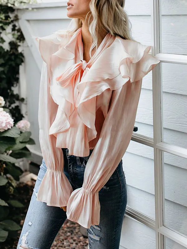 Solid Color Butterfly Ruffle Stitching Long Sleeve Shirt