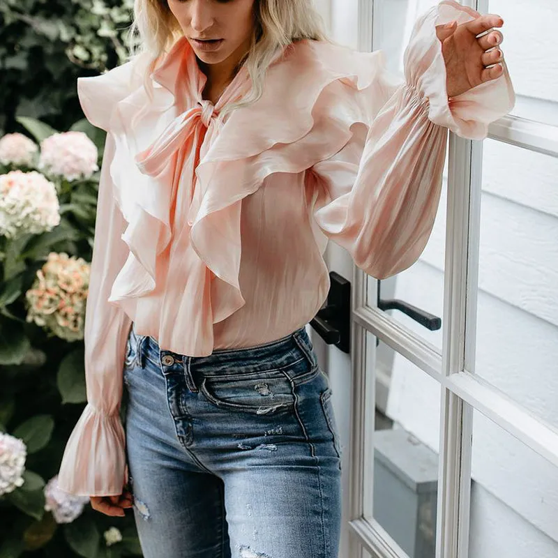 Solid Color Butterfly Ruffle Stitching Long Sleeve Shirt