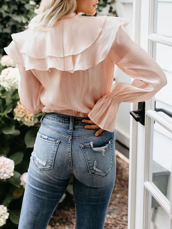 Solid Color Butterfly Ruffle Stitching Long Sleeve Shirt