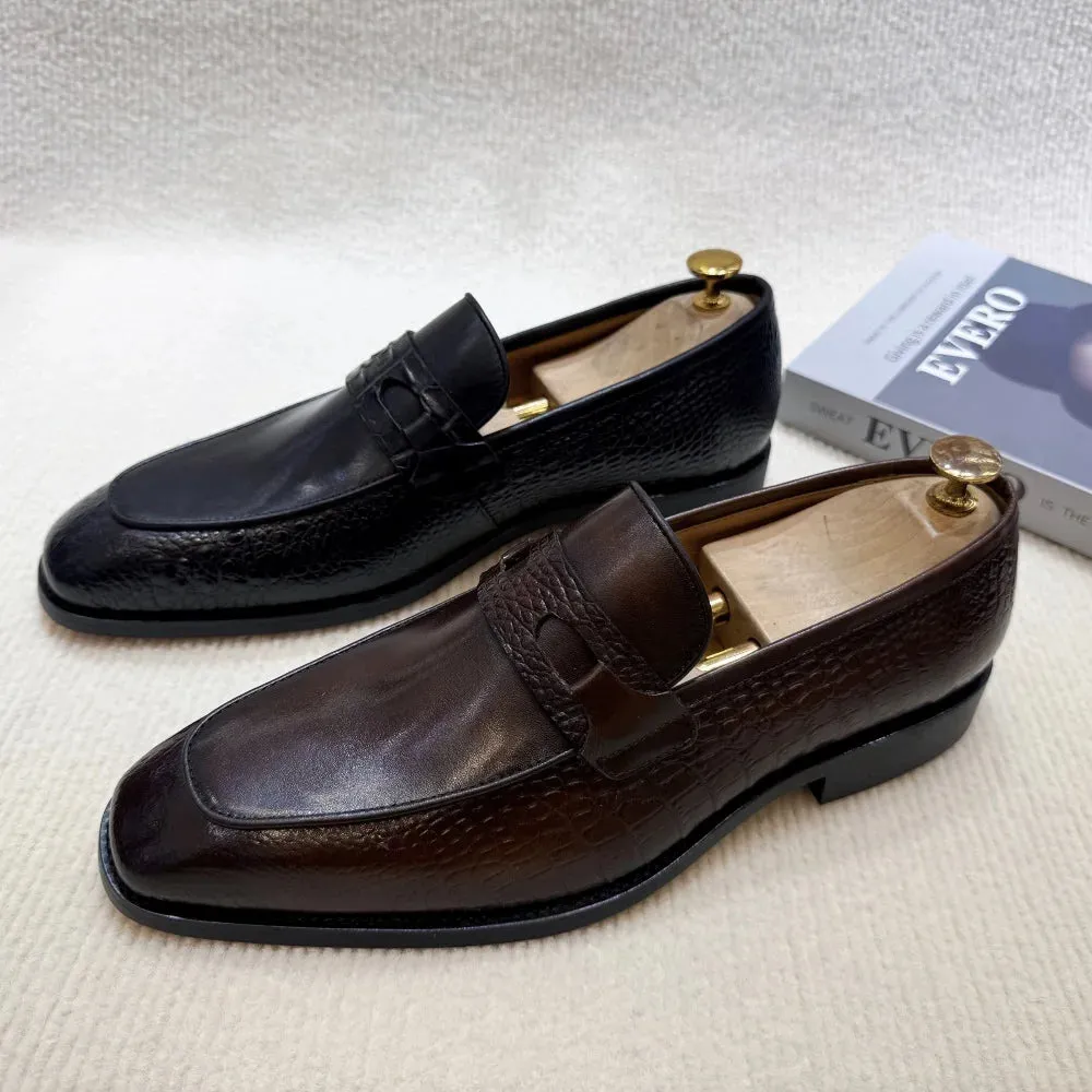 Solid Crocodile Print Genuine Leather Loafers