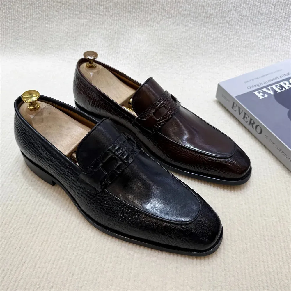 Solid Crocodile Print Genuine Leather Loafers
