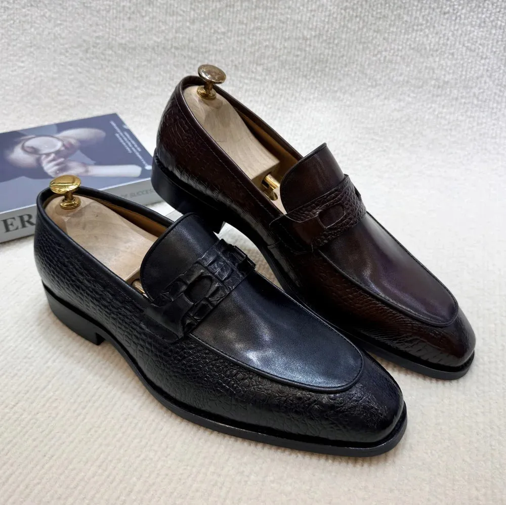 Solid Crocodile Print Genuine Leather Loafers