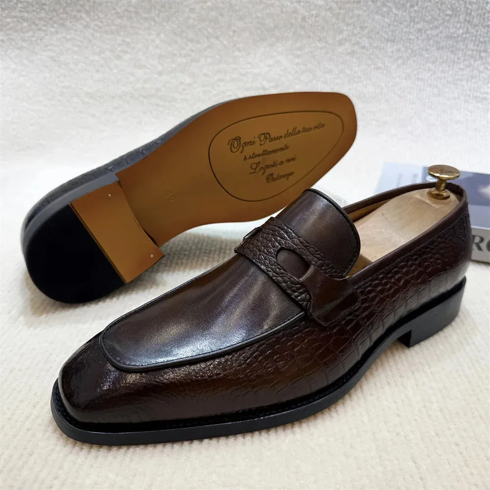 Solid Crocodile Print Genuine Leather Loafers