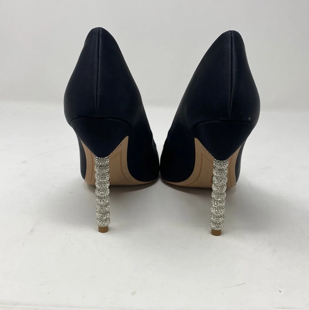 Sophia Webster Black Satin Pointed Toe Pump with Crystal Heel
