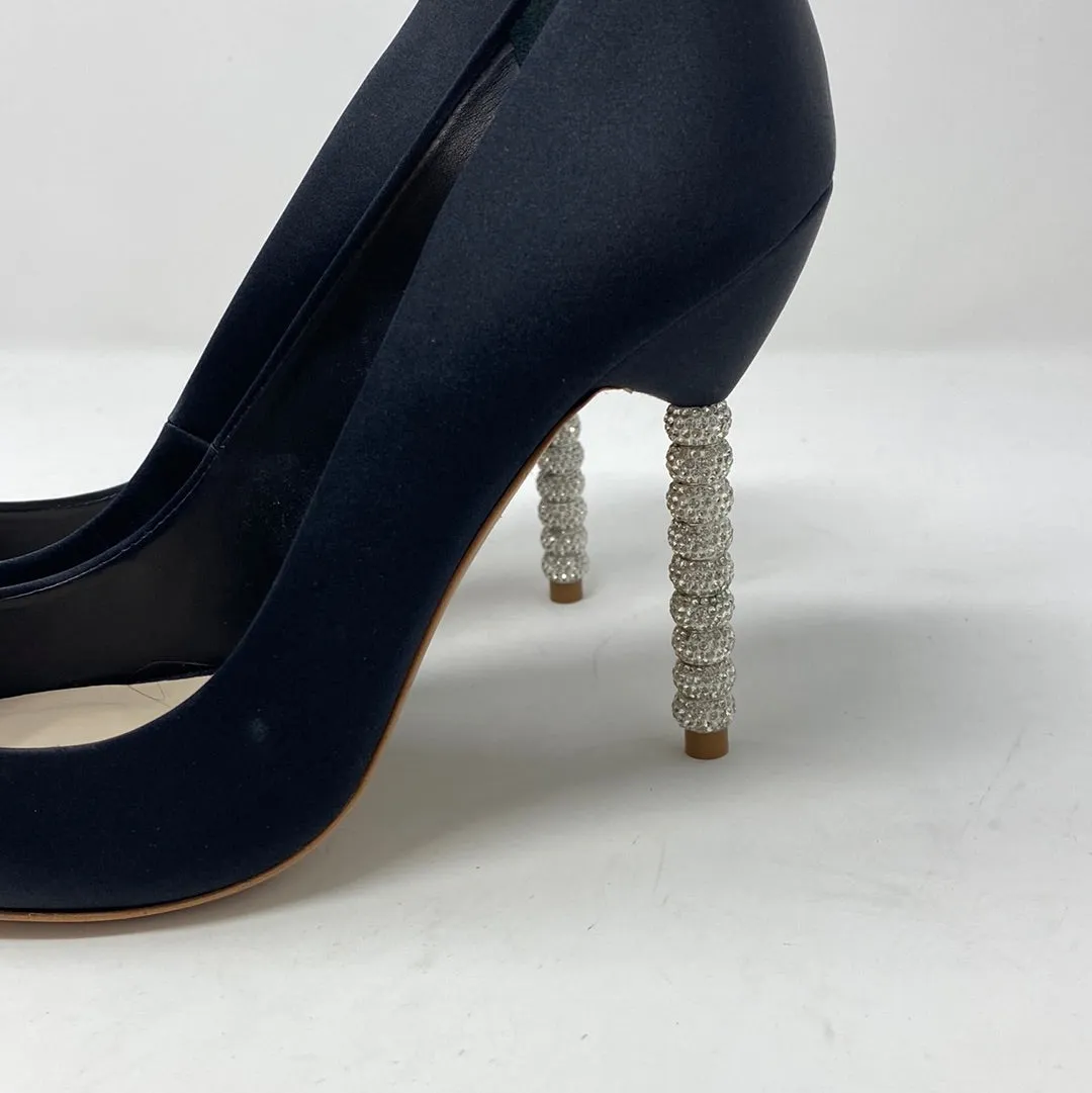 Sophia Webster Black Satin Pointed Toe Pump with Crystal Heel