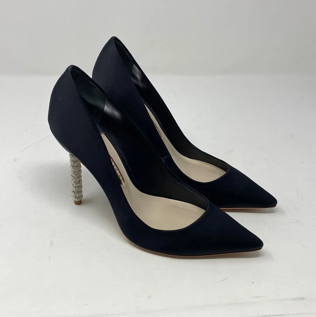 Sophia Webster Black Satin Pointed Toe Pump with Crystal Heel