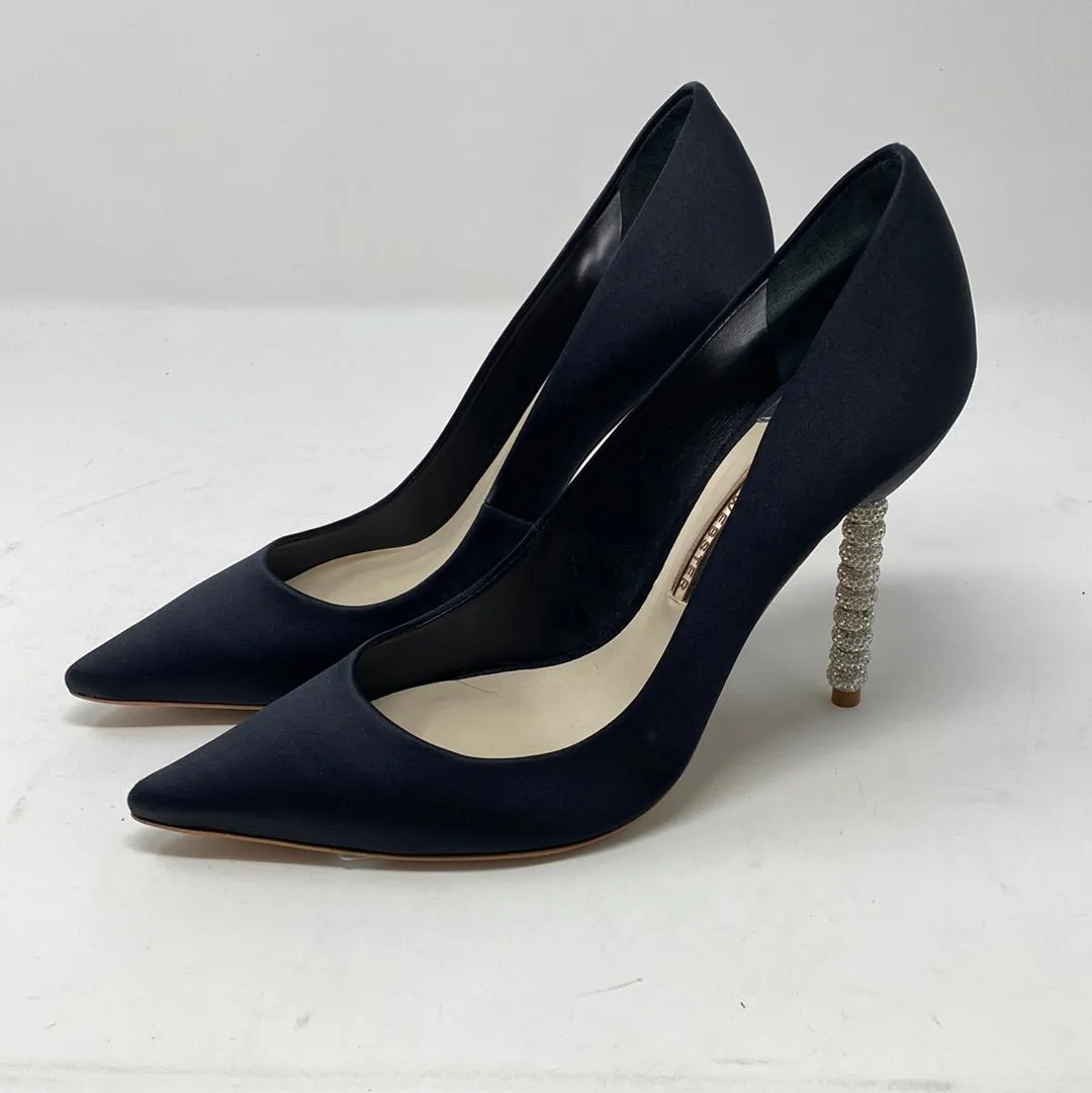 Sophia Webster Black Satin Pointed Toe Pump with Crystal Heel