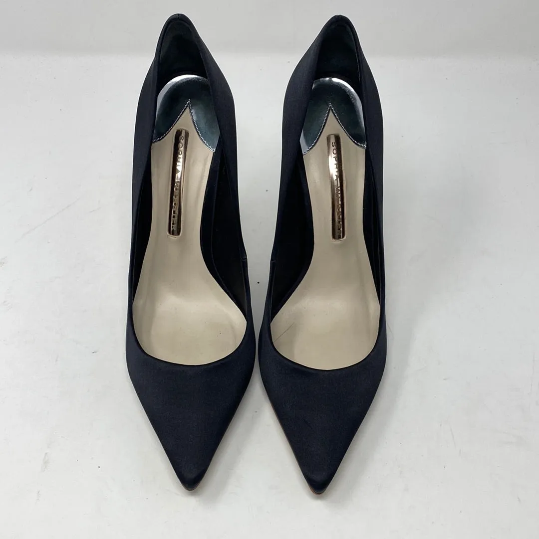 Sophia Webster Black Satin Pointed Toe Pump with Crystal Heel