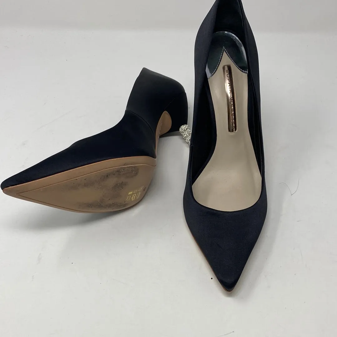 Sophia Webster Black Satin Pointed Toe Pump with Crystal Heel