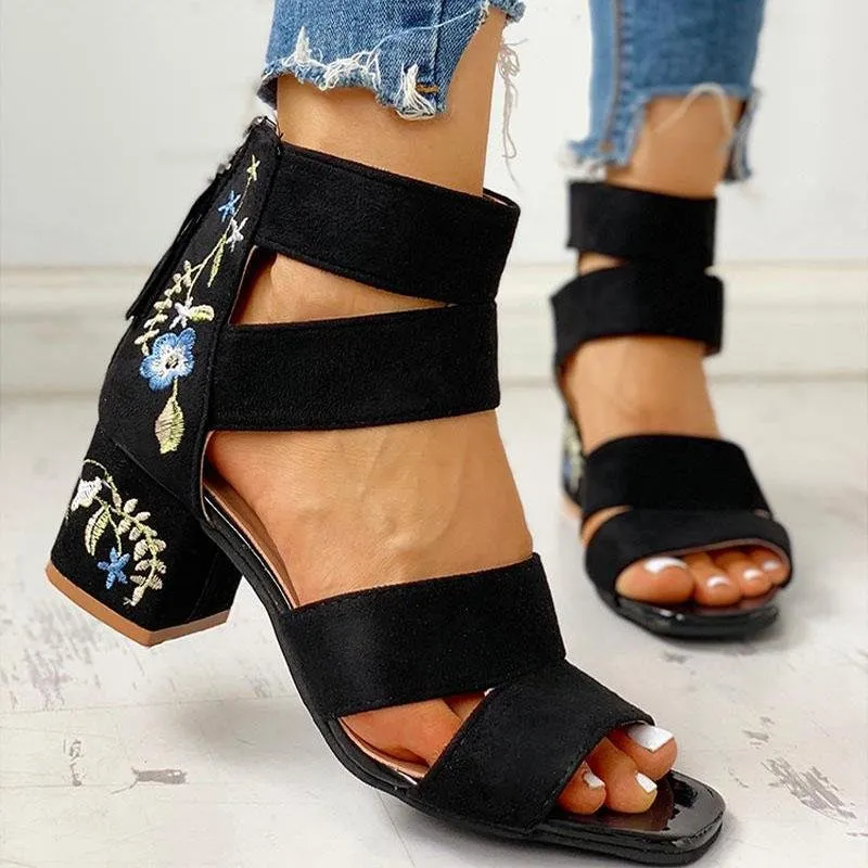 Square Heel Open Toe Embroider Sandals