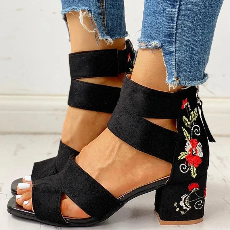 Square Heel Open Toe Embroider Sandals