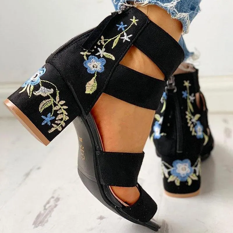Square Heel Open Toe Embroider Sandals