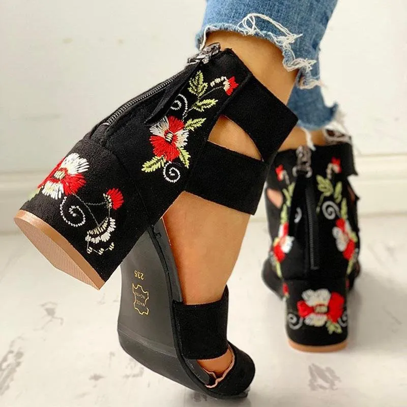 Square Heel Open Toe Embroider Sandals