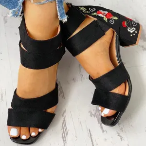 Square Heel Open Toe Embroider Sandals