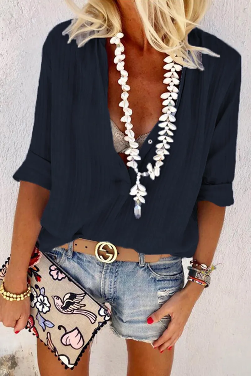 Street Striped Buttons V Neck Blouses (3 Colors)