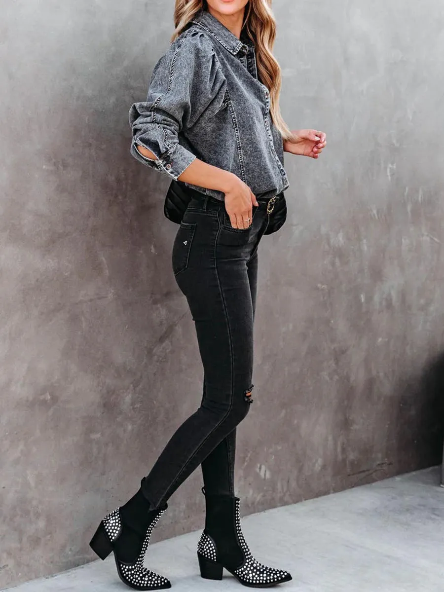 Stunncal Casual Fashion Loose Long Sleeve Denim Shirt