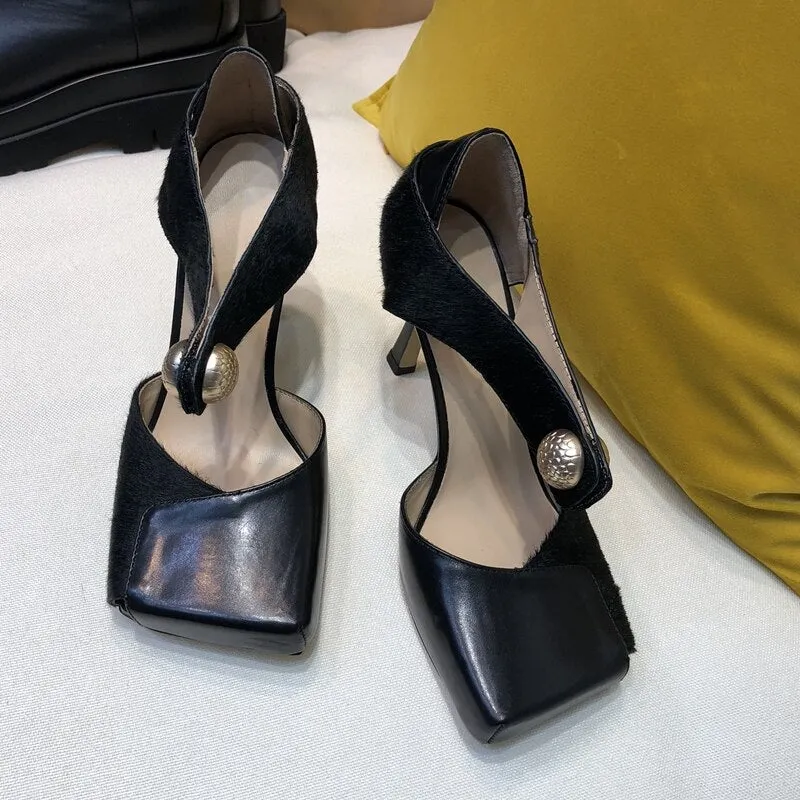 Stylish Square Toe Sandals Metal Buckle Patchwork Genuine Leather Hollow Summer Spring Shoes Stiletto High Heel Top Quality