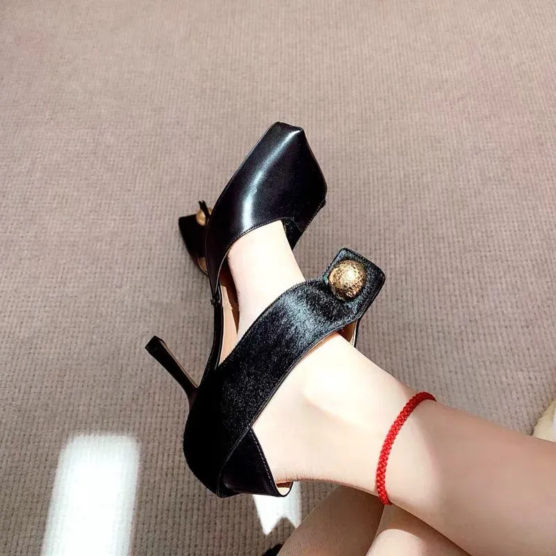 Stylish Square Toe Sandals Metal Buckle Patchwork Genuine Leather Hollow Summer Spring Shoes Stiletto High Heel Top Quality