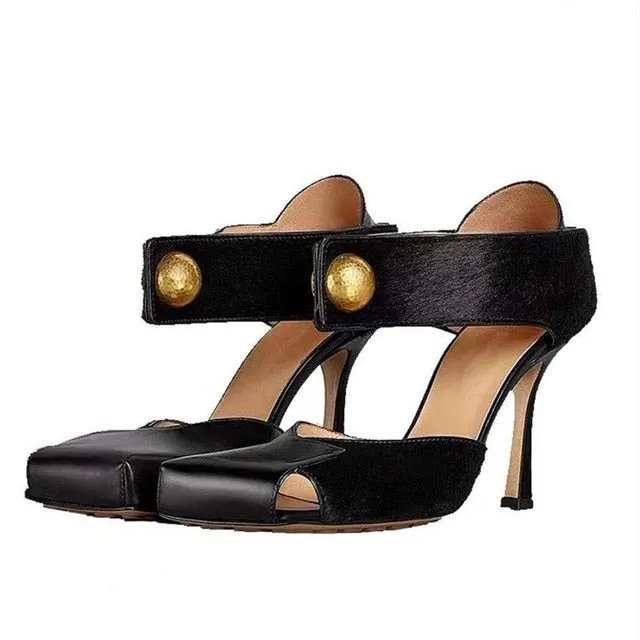 Stylish Square Toe Sandals Metal Buckle Patchwork Genuine Leather Hollow Summer Spring Shoes Stiletto High Heel Top Quality
