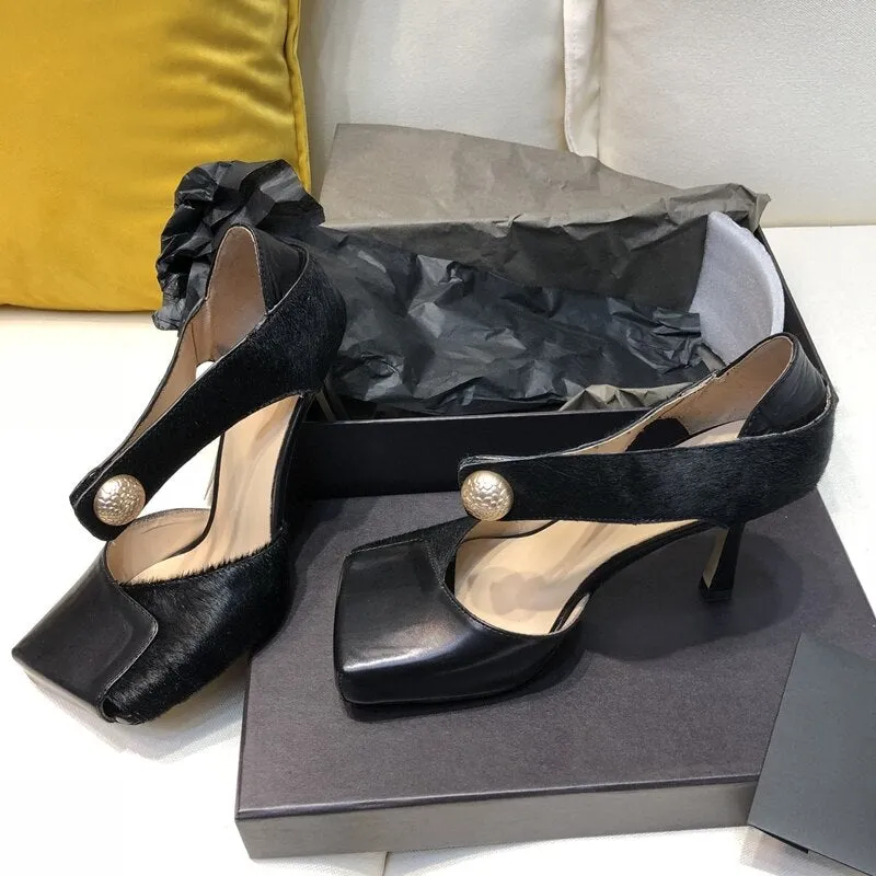 Stylish Square Toe Sandals Metal Buckle Patchwork Genuine Leather Hollow Summer Spring Shoes Stiletto High Heel Top Quality