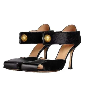 Stylish Square Toe Sandals Metal Buckle Patchwork Genuine Leather Hollow Summer Spring Shoes Stiletto High Heel Top Quality