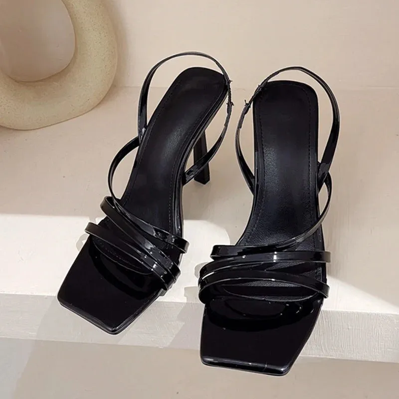 Summer Slingback Sandals Square Toe Slip On Elastic High Heels