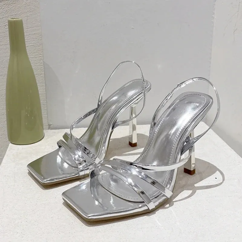 Summer Slingback Sandals Square Toe Slip On Elastic High Heels