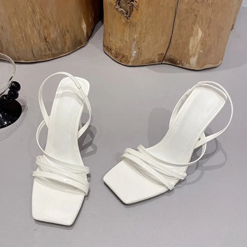 Summer Slingback Sandals Square Toe Slip On Elastic High Heels
