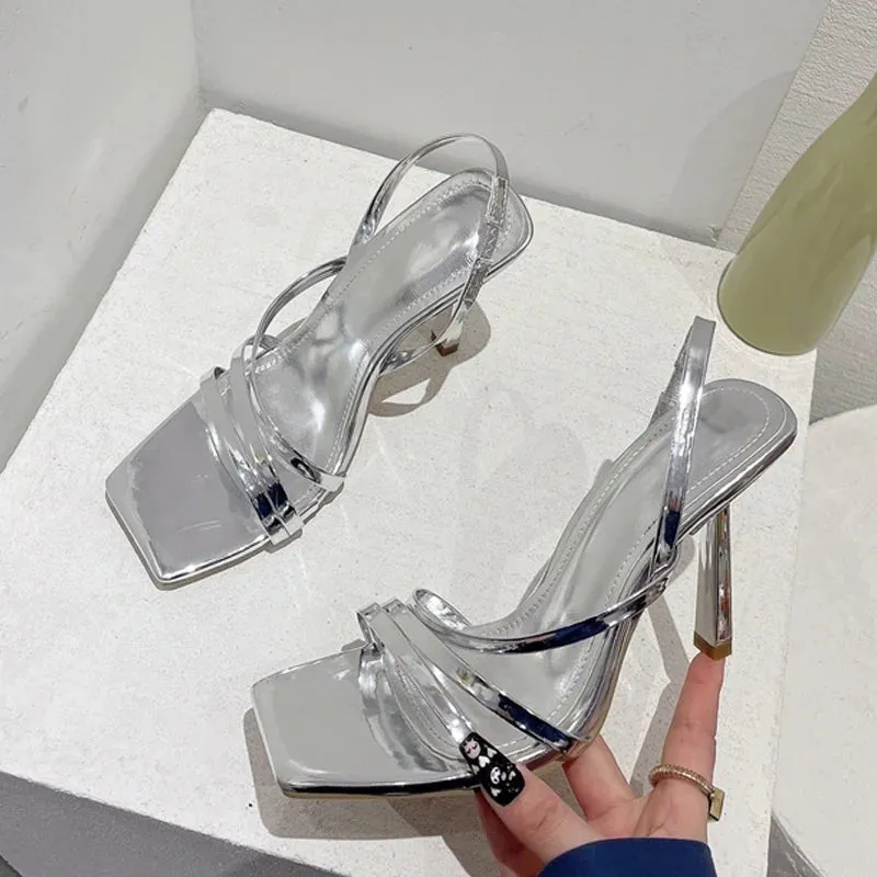 Summer Slingback Sandals Square Toe Slip On Elastic High Heels