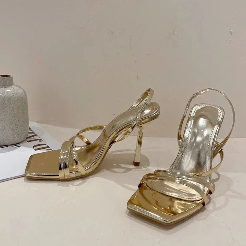 Summer Slingback Sandals Square Toe Slip On Elastic High Heels