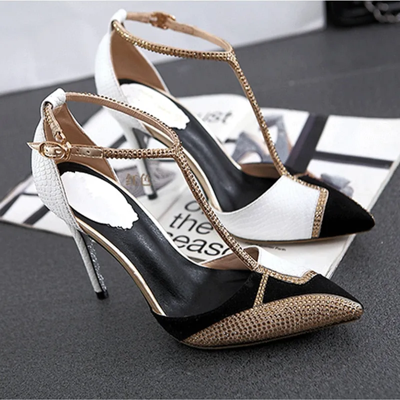 T-Strap Summer Gladiator Sandals Shoes Woman Pumps Patchwork Crystal Sandalias Mujer Sexy Pointed Toe High Heels Sapato Feminino