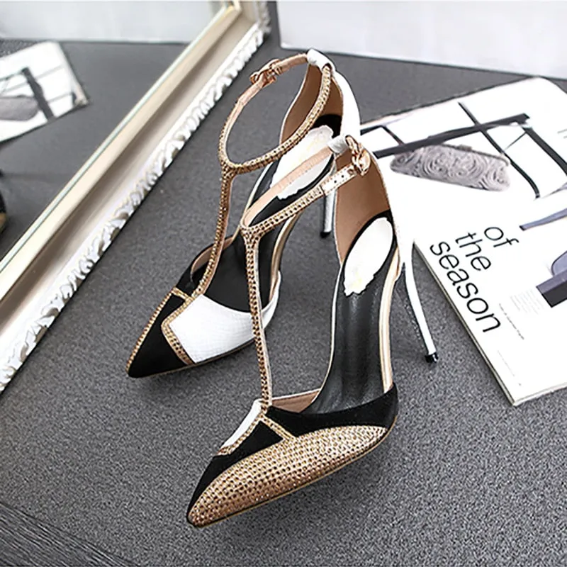 T-Strap Summer Gladiator Sandals Shoes Woman Pumps Patchwork Crystal Sandalias Mujer Sexy Pointed Toe High Heels Sapato Feminino