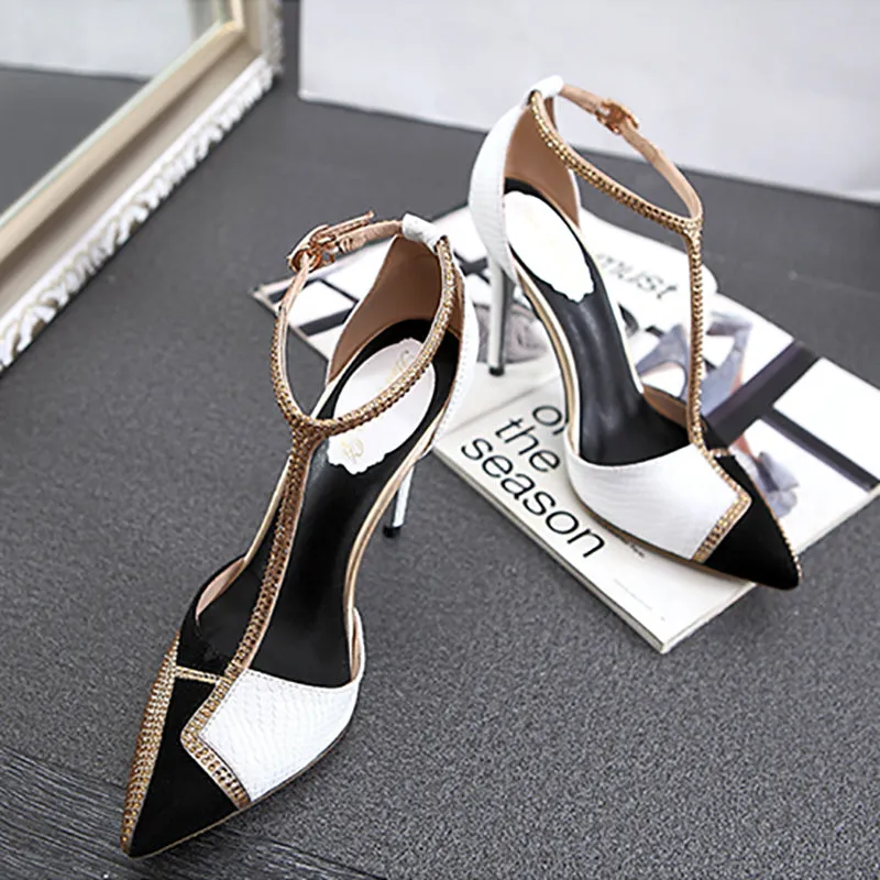 T-Strap Summer Gladiator Sandals Shoes Woman Pumps Patchwork Crystal Sandalias Mujer Sexy Pointed Toe High Heels Sapato Feminino