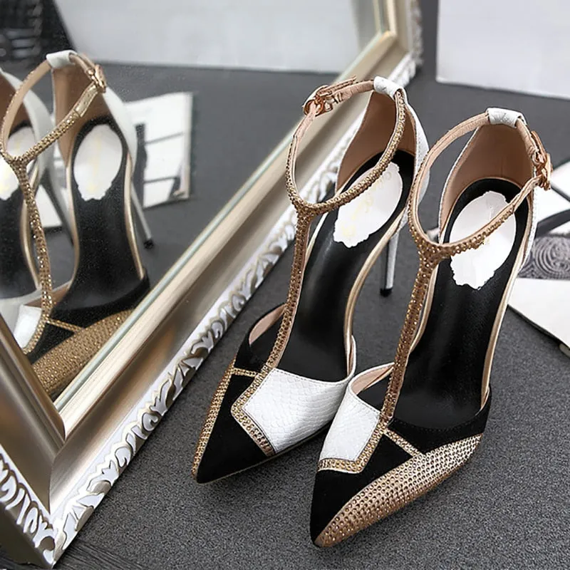 T-Strap Summer Gladiator Sandals Shoes Woman Pumps Patchwork Crystal Sandalias Mujer Sexy Pointed Toe High Heels Sapato Feminino