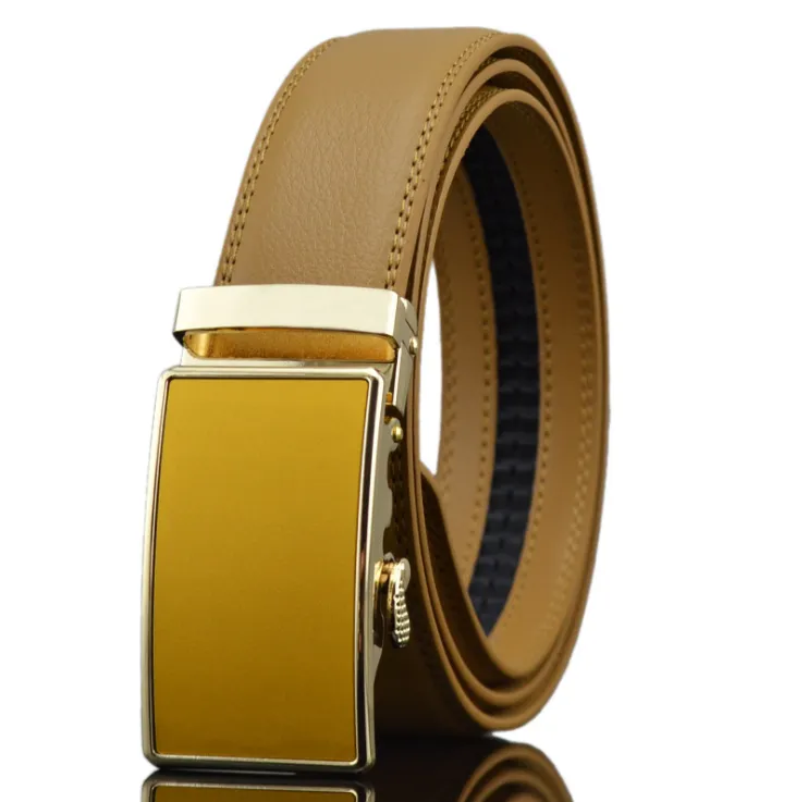 Tan Belt Gold Tan Buckle Mens Adjustable Ratchet Slide Buckle Belt - Genuine Leather Automatic