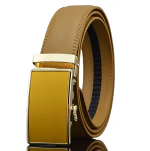 Tan Belt Gold Tan Buckle Mens Adjustable Ratchet Slide Buckle Belt - Genuine Leather Automatic