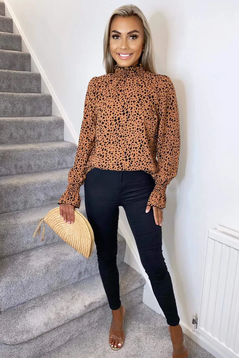 Tan Printed Elasticated Cuff Long Sleeve Top