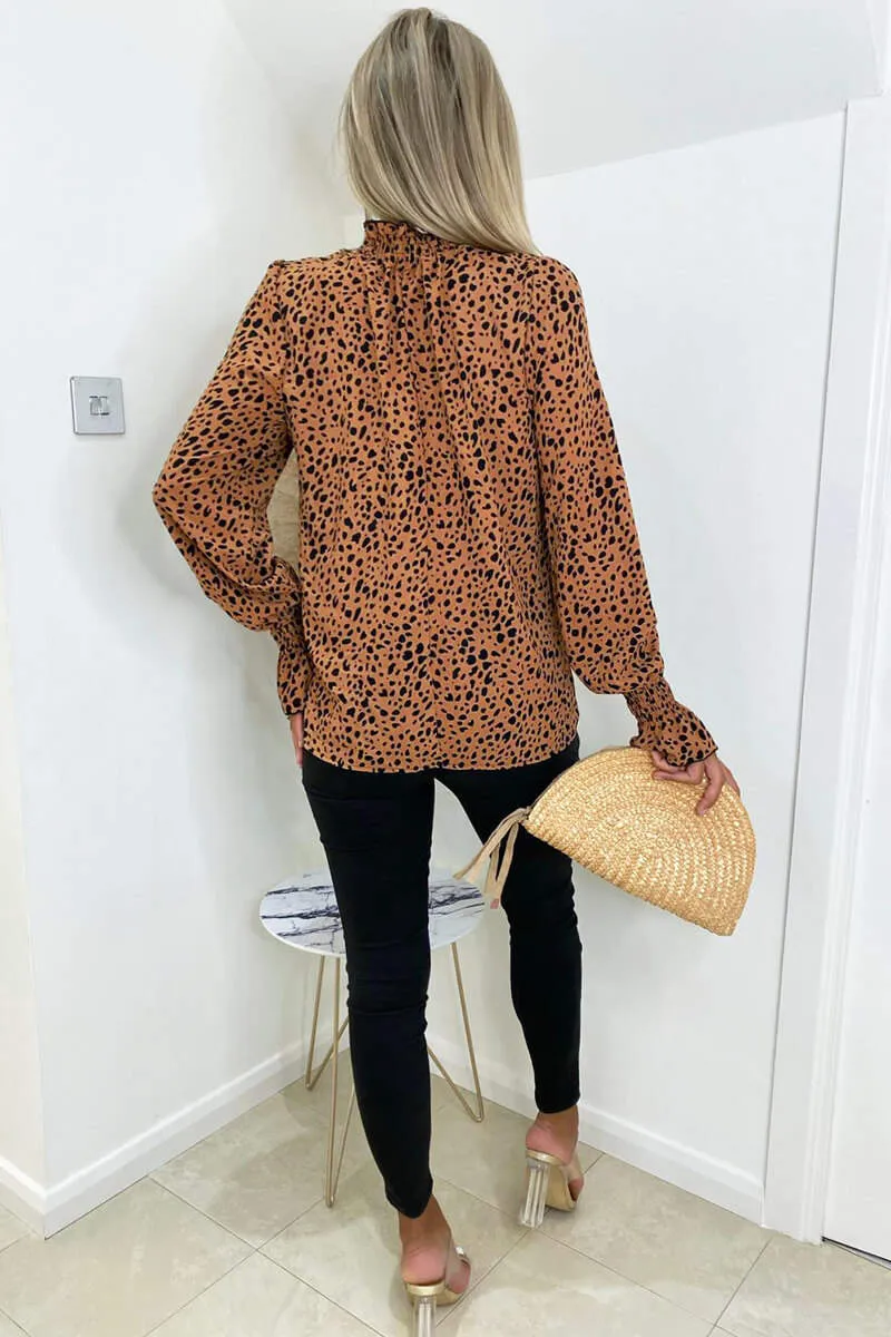 Tan Printed Elasticated Cuff Long Sleeve Top