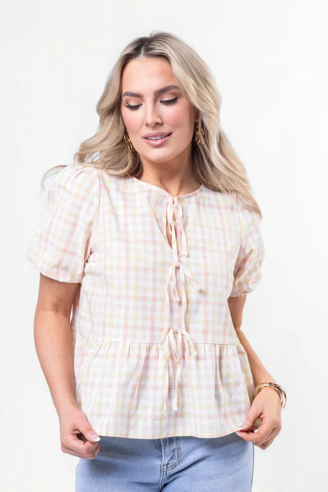 Tell Your Story Multi Gingham Short Sleeve Tie Front Peplum Blouse SALE