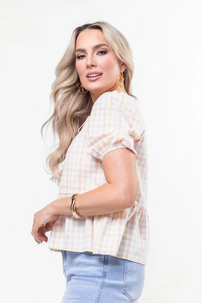 Tell Your Story Multi Gingham Short Sleeve Tie Front Peplum Blouse SALE