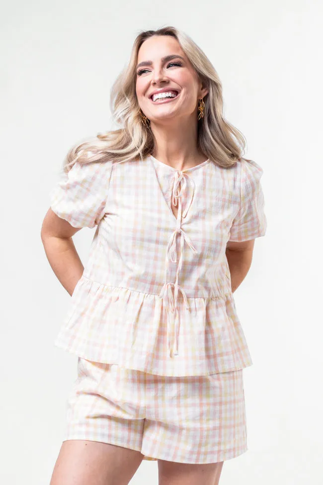 Tell Your Story Multi Gingham Short Sleeve Tie Front Peplum Blouse SALE