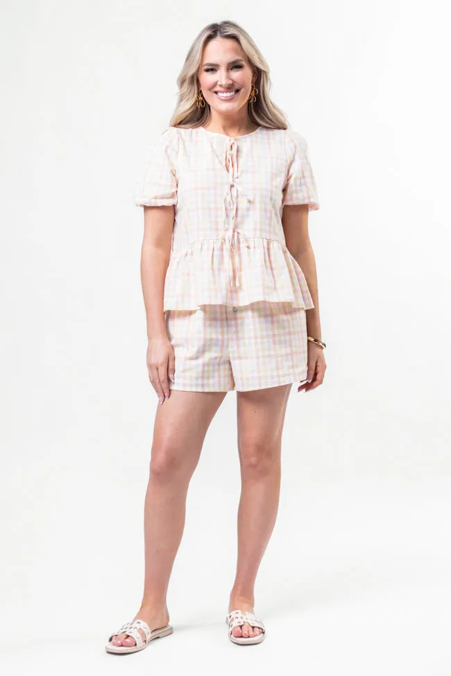 Tell Your Story Multi Gingham Short Sleeve Tie Front Peplum Blouse SALE