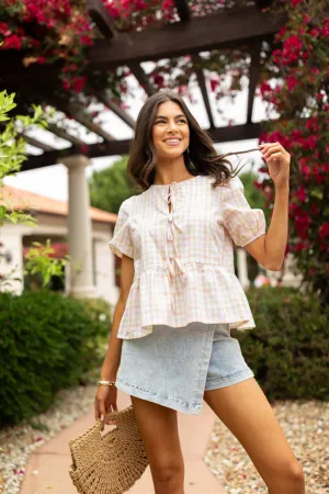 Tell Your Story Multi Gingham Short Sleeve Tie Front Peplum Blouse SALE