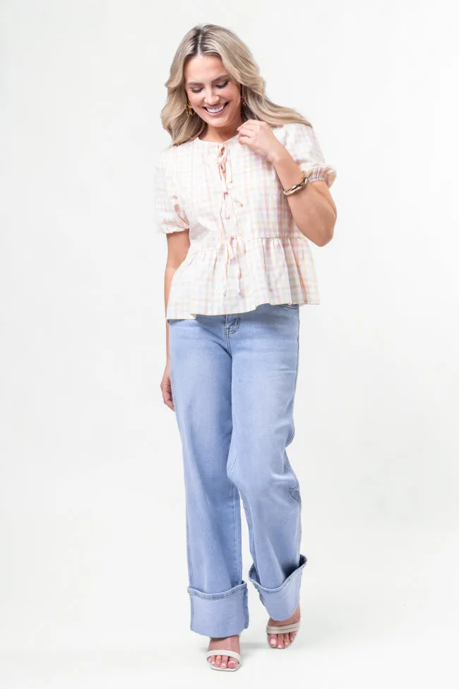 Tell Your Story Multi Gingham Short Sleeve Tie Front Peplum Blouse SALE