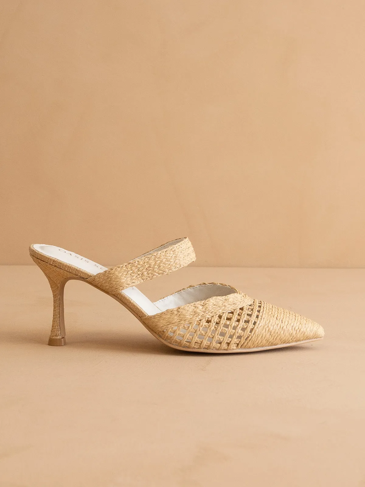 The Tia | Natural Pointed Toe Raffia Detail Kitten Heel
