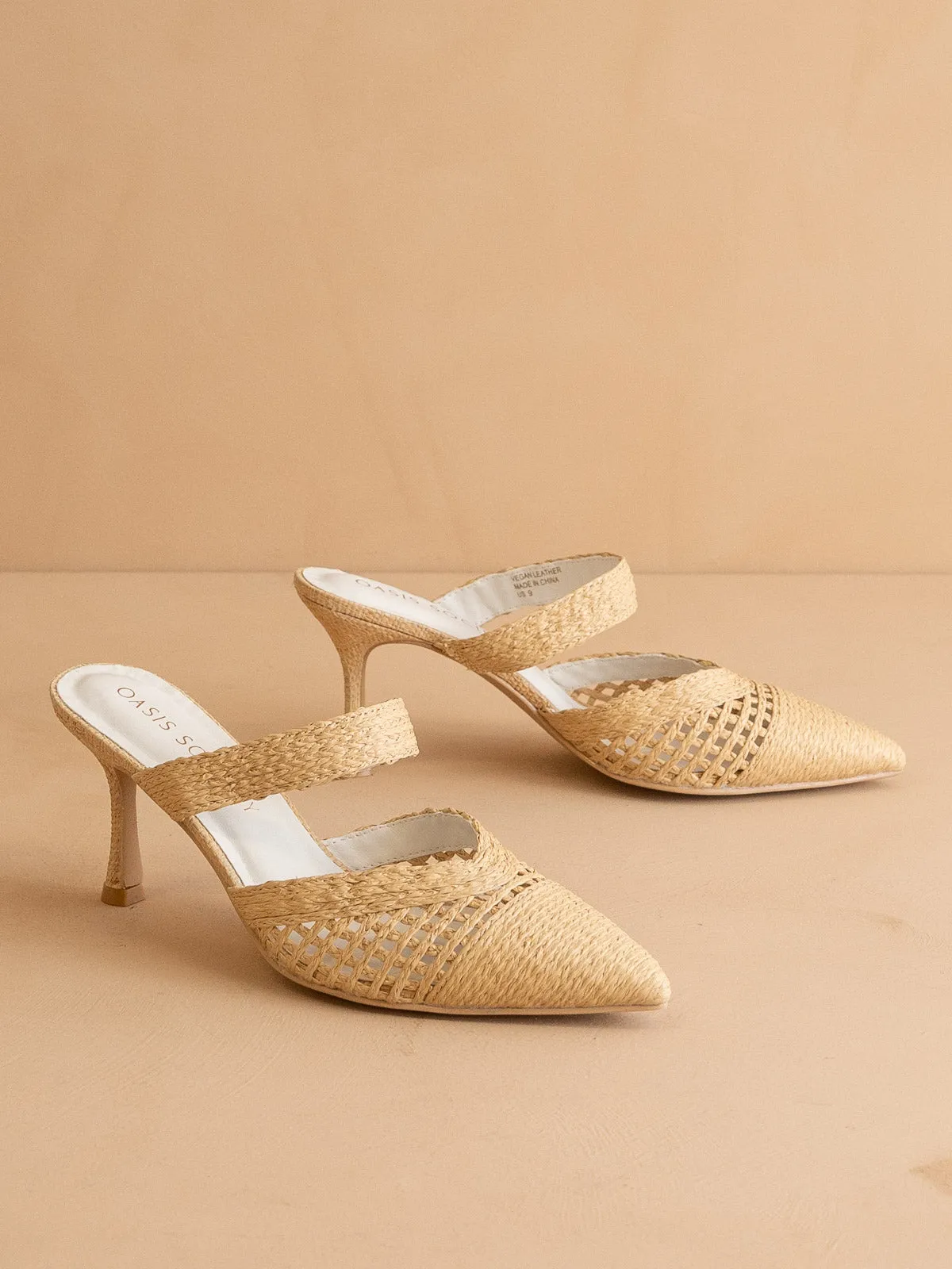 The Tia | Natural Pointed Toe Raffia Detail Kitten Heel