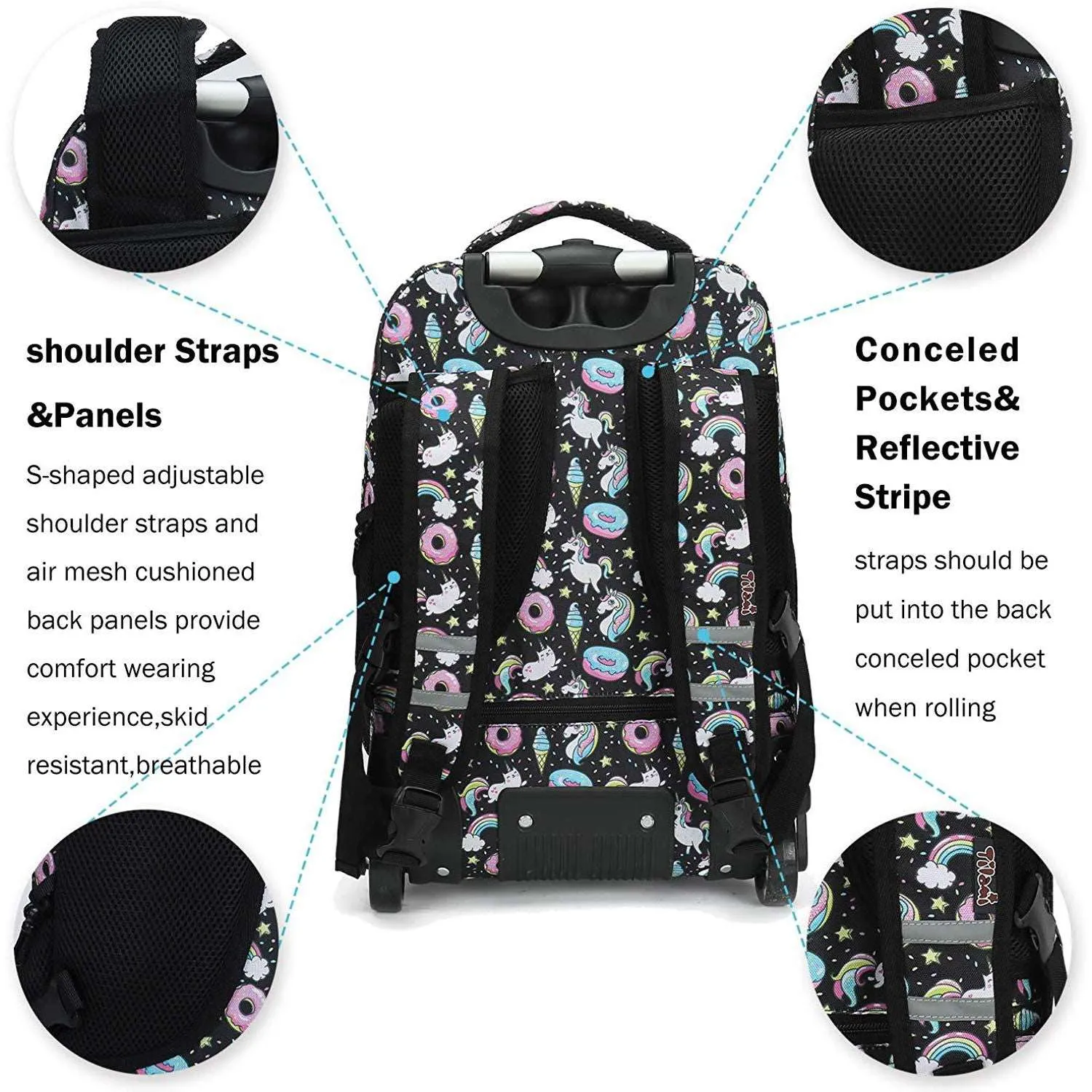 Tilami Black Unicorn Rolling Backpack 18 inch Wheeled Backpack