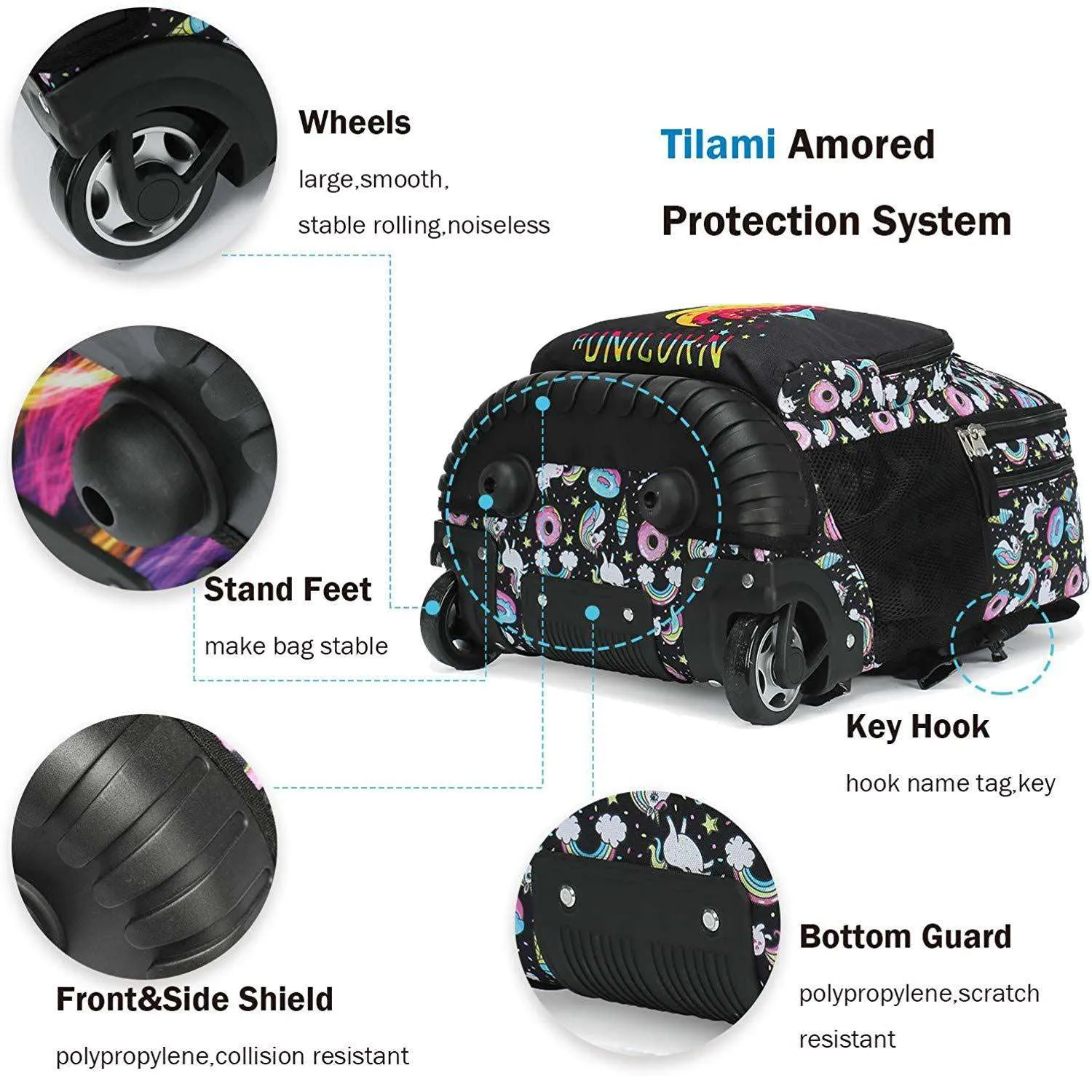 Tilami Black Unicorn Rolling Backpack 18 inch Wheeled Backpack