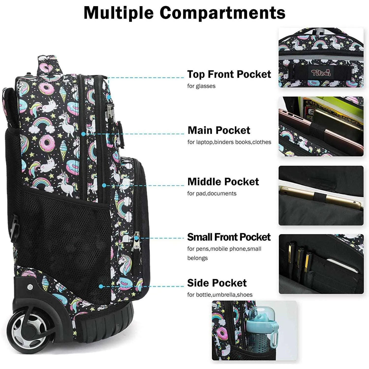 Tilami Black Unicorn Rolling Backpack 18 inch Wheeled Backpack
